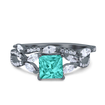 Two Piece Bridal Ring Art Deco Princess Cut Engagement Black Tone, Simulated Paraiba Tourmaline CZ 925 Sterling Silver